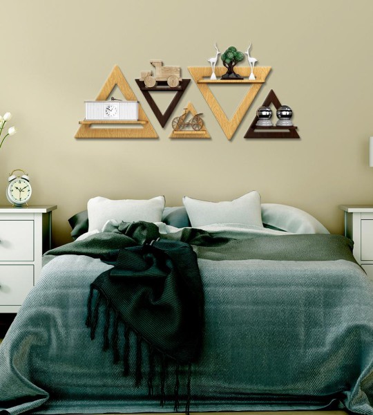 Triangle Shape Wood Wall Shelf / Book Shelf,Walnut and Oak Finish